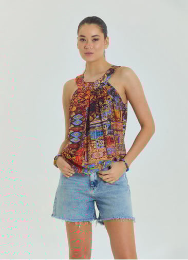 Halter Neck Button Detail Pleated Orange Authentic Blouse 4677